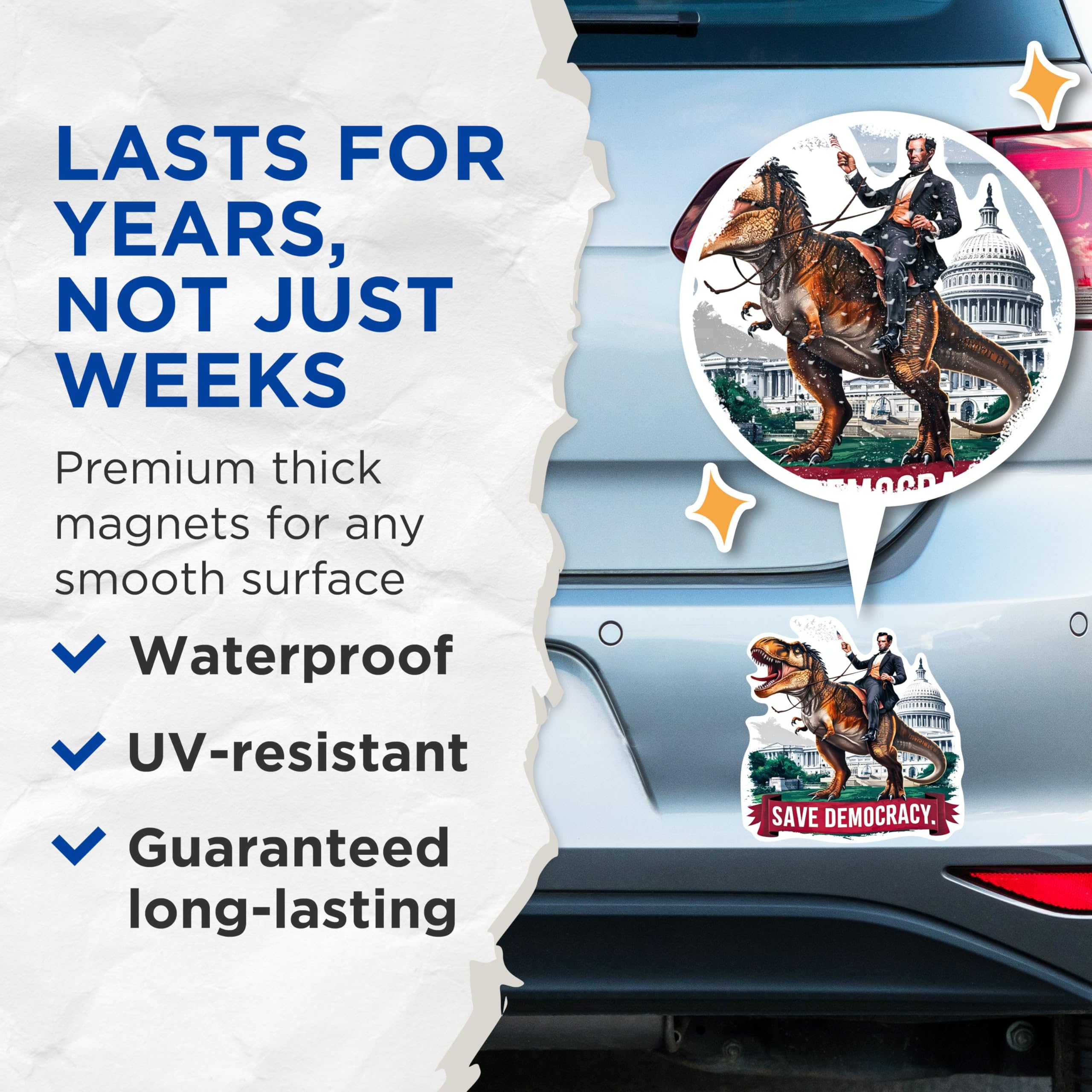 (2 Pack) Save Democracy Abraham Lincoln Riding Dinosaur Magnets - 5 Inches On Longest Side - Premium Magnet - for Cars, Refrigerators, Toolboxes - Made in USA - MAG2088