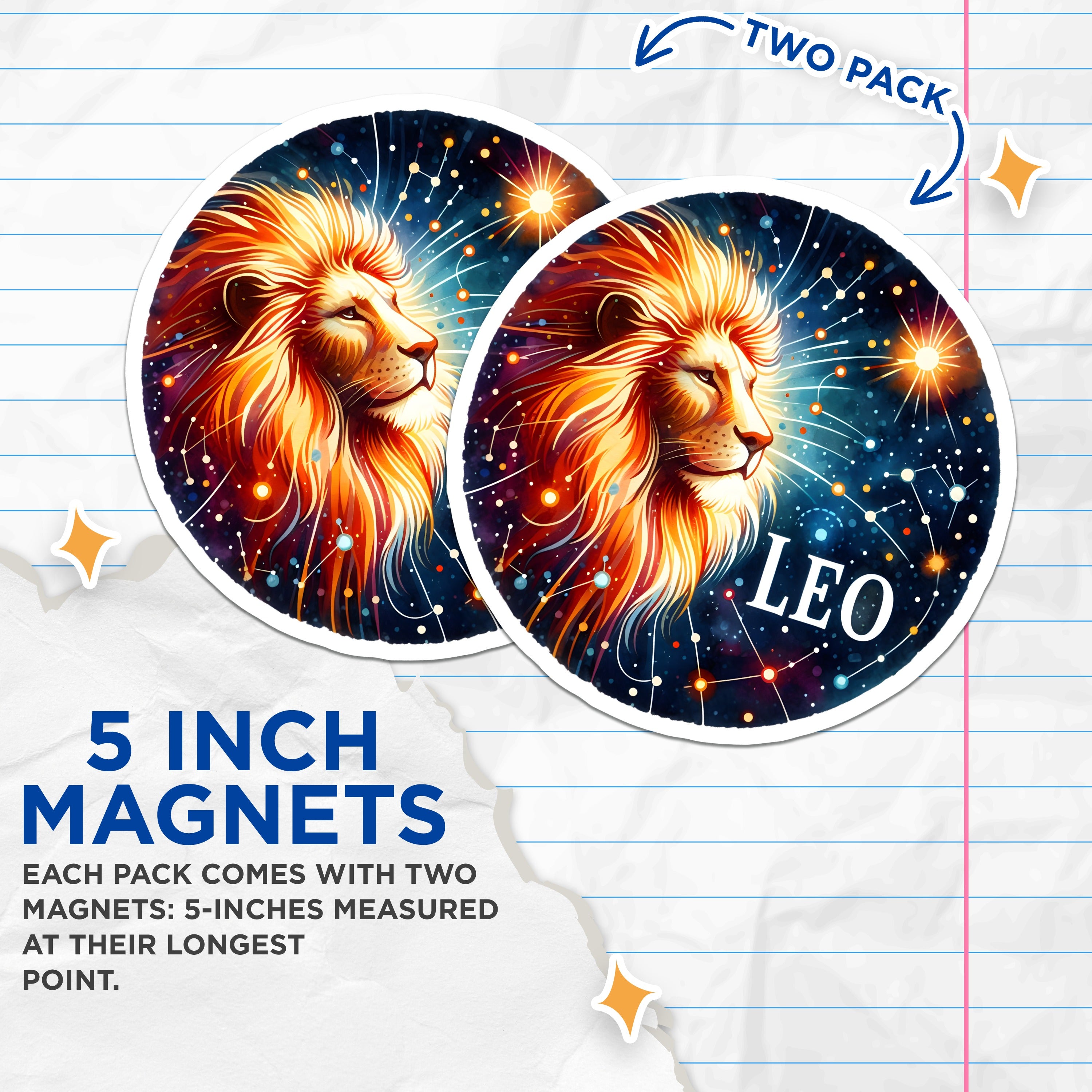 (2 Pack) Leo Zodiac Magnets - Astrology Sign Decor - Cosmic Lion Artwork - July August Birthday - 5 Inches On Longest Side - Thick Durable Magnet - Made in USA - MAG39781