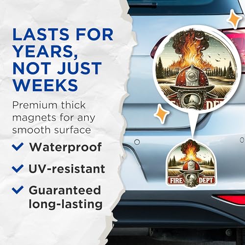 (2 Pack) Fire Dept Magnets - Firefighter Helmets - Firefighter Gifts - Fire Department Decor - 5" On Longest Side - for Cars, Fridges, Toolboxes - Made in USA - MAG7052