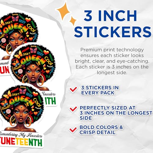 (3 Pack) Juneteenth Queen Decals - African American Pride - Black History Stickers - 3 Inches On Longest Side - Easy Peel & Apply - Made in USA - 3MCS6126
