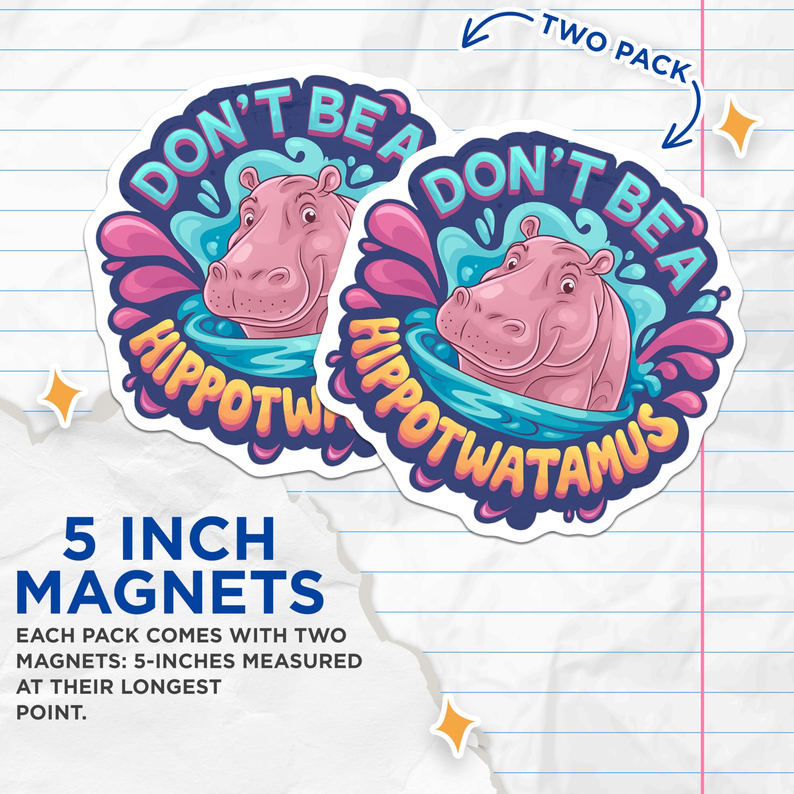(2 Pack) Funny Hippo Magnets - Don't Be a Hippotwatamus Quote - Refrigerator Locker Decor - 5 Inches On Longest Side - Thick Durable Magnet - Made in USA - MAG22713