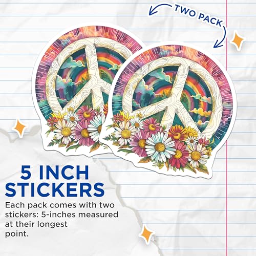 (2 Pack) Peace Sign Flower Stickers - Boho Rainbow Decal - Hippie Art Flowers - 5" On Longest Side - Sticks to Smooth Flat Surfaces - Made in USA - BMCS6149