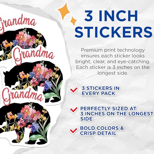 (3 Pack) Grandma Bear Decals - Floral Bear - Laptop Decal - 3 Inches On Longest Side - Easy Peel & Apply - Made in USA - 3MCS4550