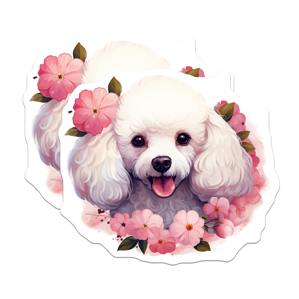 (2 Pack) White Poodle Magnets - Cute Pet Art Illustration - Pink Floral Puppy Decor - Animal Lover Fridge Magnet - 5 Inches On Longest Side - Thick Durable Magnet - Made in USA - MAG24620