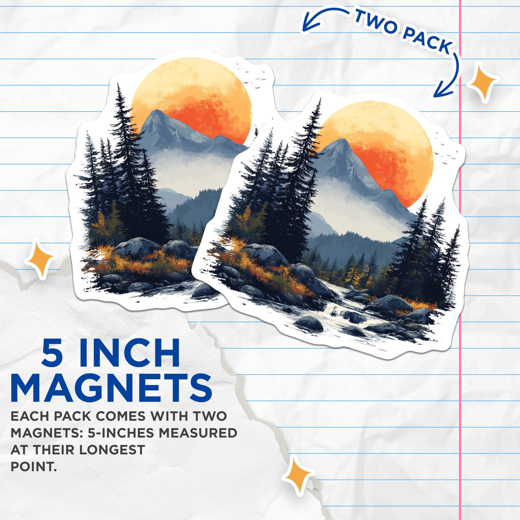 (2 Pack) Mountain Forest Magnets - Sunset River Scene - Nature Lover Decor - 5 Inches On Longest Side - Thick Durable Magnet - Made in USA - MAG25579