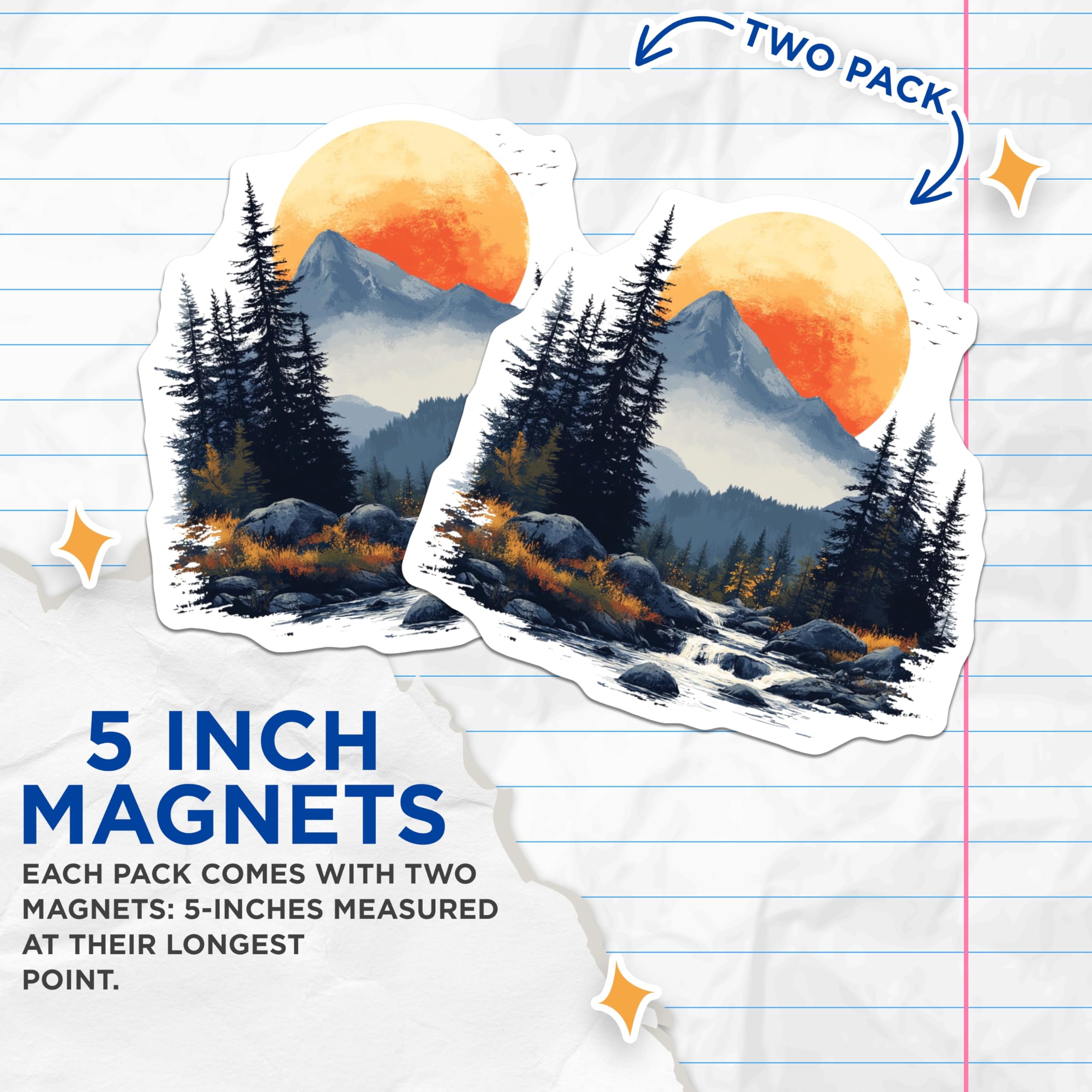 (2 Pack) Mountain Forest Magnets - Sunset River Scene - Nature Lover Decor - 5 Inches On Longest Side - Thick Durable Magnet - Made in USA - MAG25579