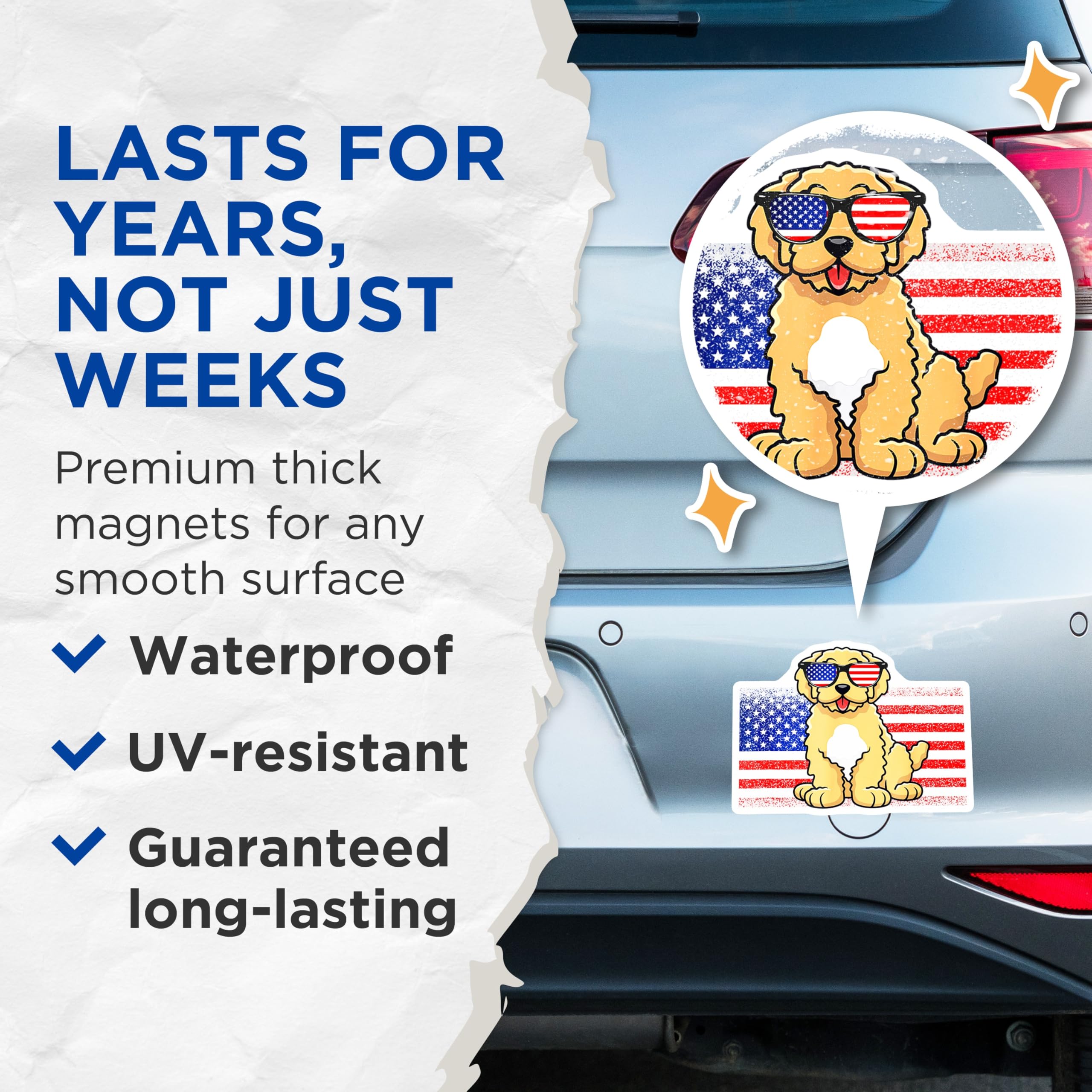 (2 Pack) Goldendoodle Patriotic Dog Magnets - USA Flag Sunglasses Puppy Decor - American Pet Lover Refrigerator Accessory - 5 Inches On Longest Side - Thick Durable Magnet - Made in USA - MAG24182