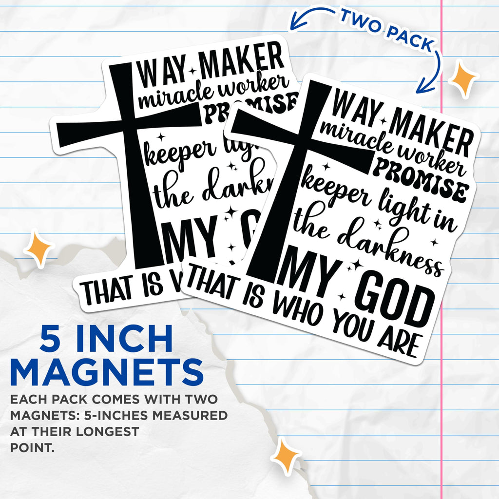 (2 Pack) Way Maker Miracle Worker Magnets - Promise Keeper Faith Quote - Inspirational Christian Cross Decor Refrigerator - 5 Inches On Longest Side - Thick Durable Magnet - Made in USA - MAG24935