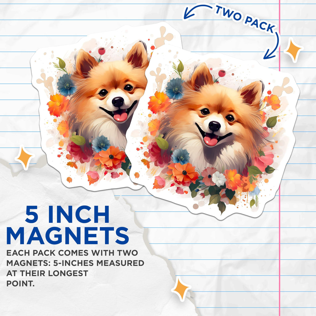 (2 Pack) Pomeranian Dog Magnets - Happy Pet Lover - Watercolor Floral Animal Art - 5 Inches On Longest Side - Thick Durable Magnet - Made in USA - MAG26346