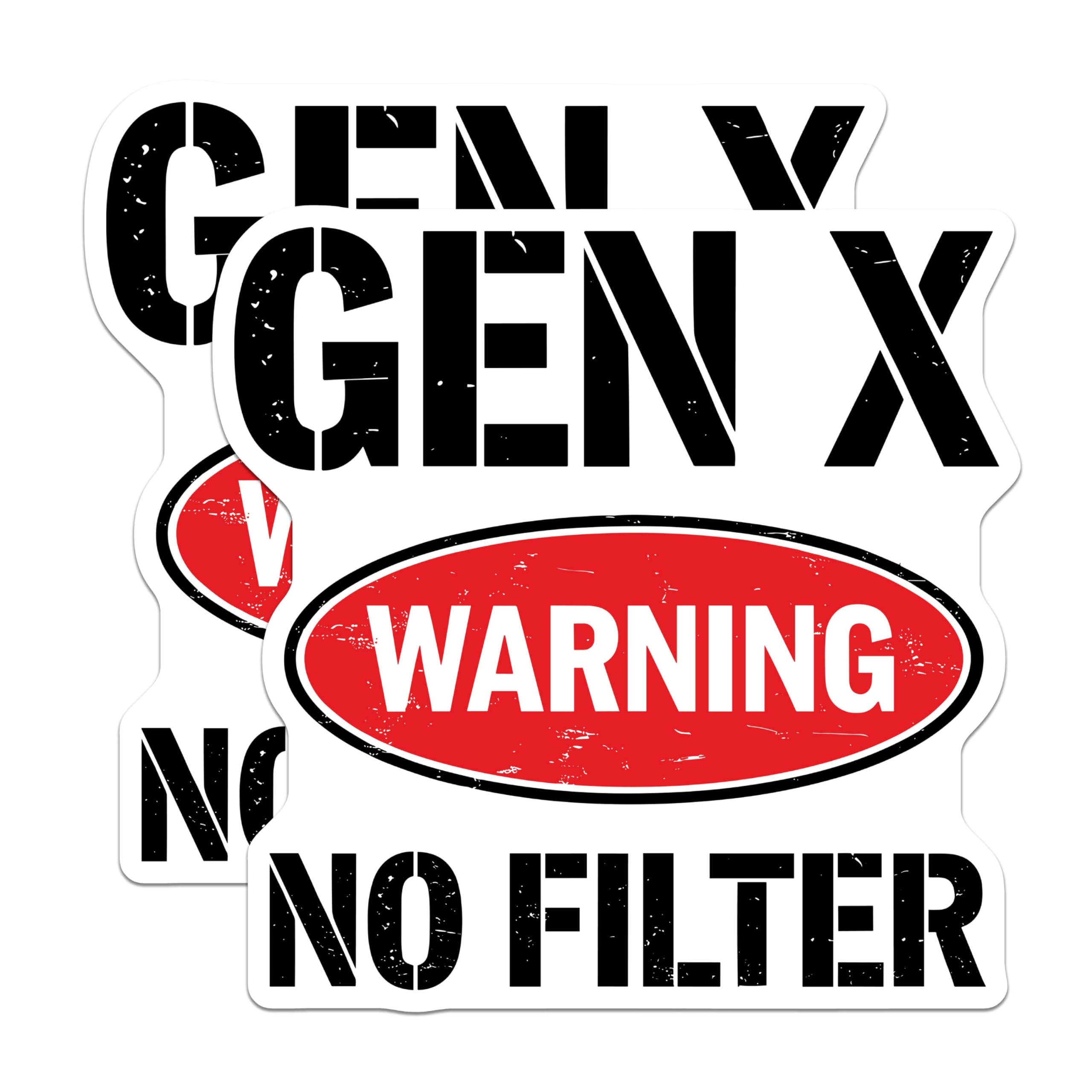 (2 Pack) Gen X Warning No Filter Stickers - Bold Funny - 5" On Longest Side - Sticks to Smooth Flat Surfaces - Made in USA - BMCS5602