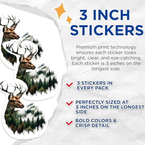 (3 Pack) Deer Forest Decals - Nature Inspired Stickers - Laptop Decal - 3 Inches On Longest Side - Easy Peel & Apply - Made in USA - 3MCS1139