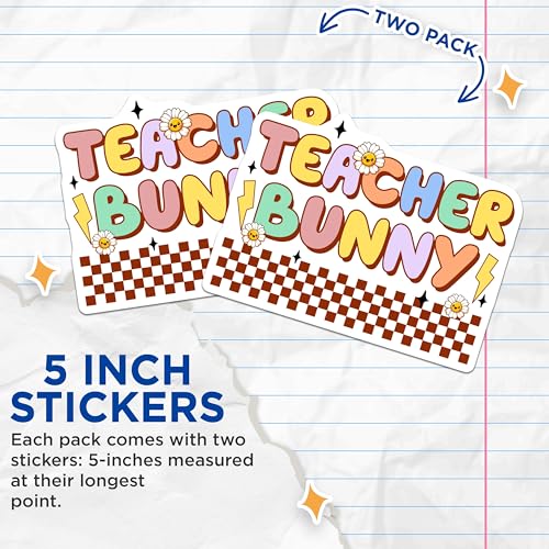 (2 Pack) Teacher Bunny Stickers - Cute Teacher - Bunny Teacher Decoration - 5" On Longest Side - Sticks to Smooth Flat Surfaces - Made in USA - BMCS8145