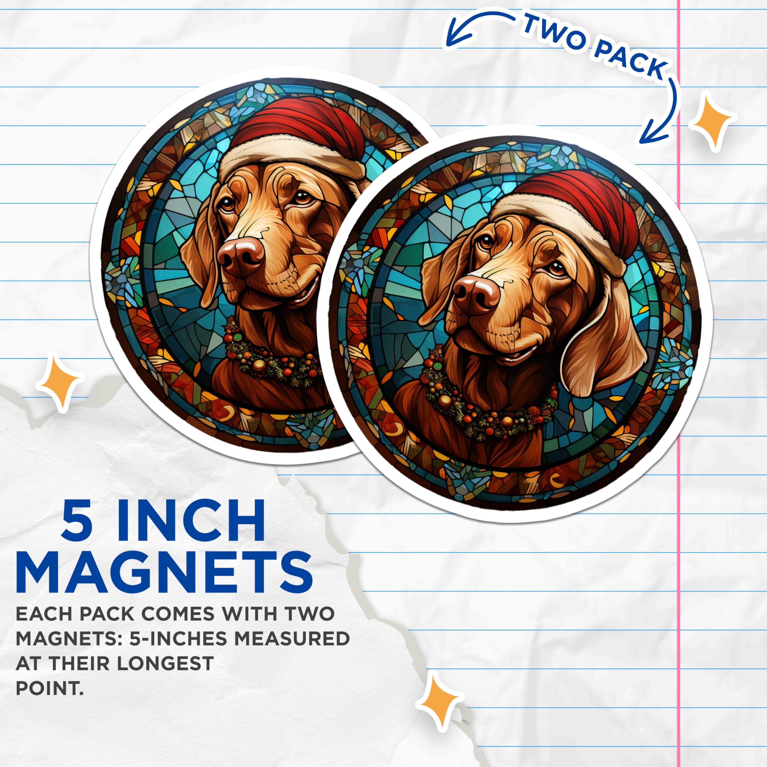 (2 Pack) Vizsla Dog Magnets - Christmas Holiday Dog Lover Decor - Festive Faux Stained Glass Pet Art for Fridge - 5 Inches On Longest Side - Thick Durable Magnet - Made in USA - MAG28544