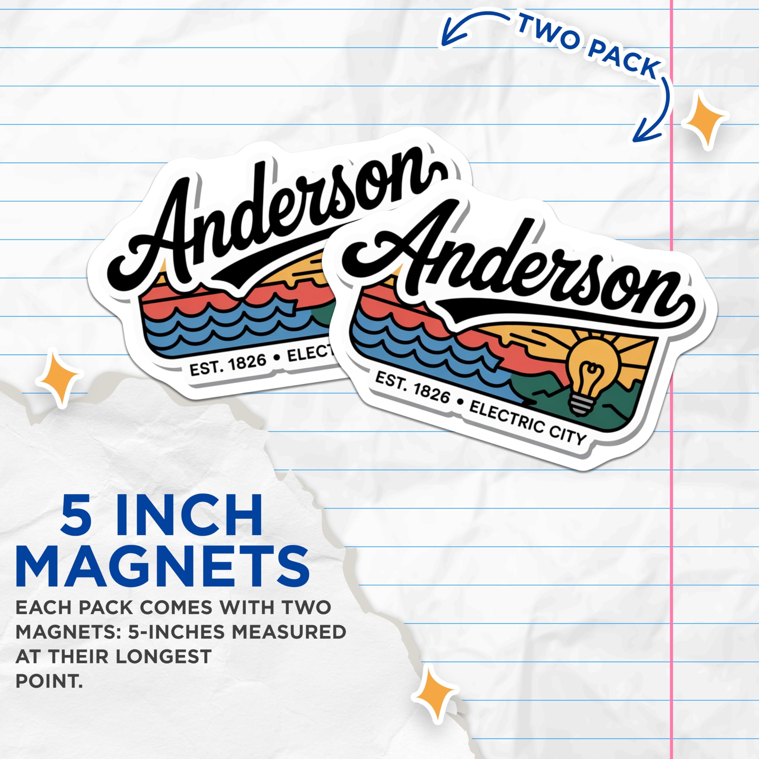 (2 Pack) Anderson Indiana Magnets - Electric City Souvenir - Indiana Hometown Decor - 5" On Longest Side - Premium Magnet - for Cars, Refrigerators, Toolboxes, Lockers - Made in USA - MAG18147