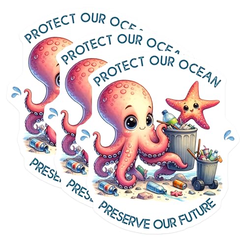 (3 Pack) Ocean Conservation Decals - Octopus Starfish Art - Environmental Awareness Sticker - 3 Inches On Longest Side - Easy Peel & Apply - Made in USA - 3MCS6715