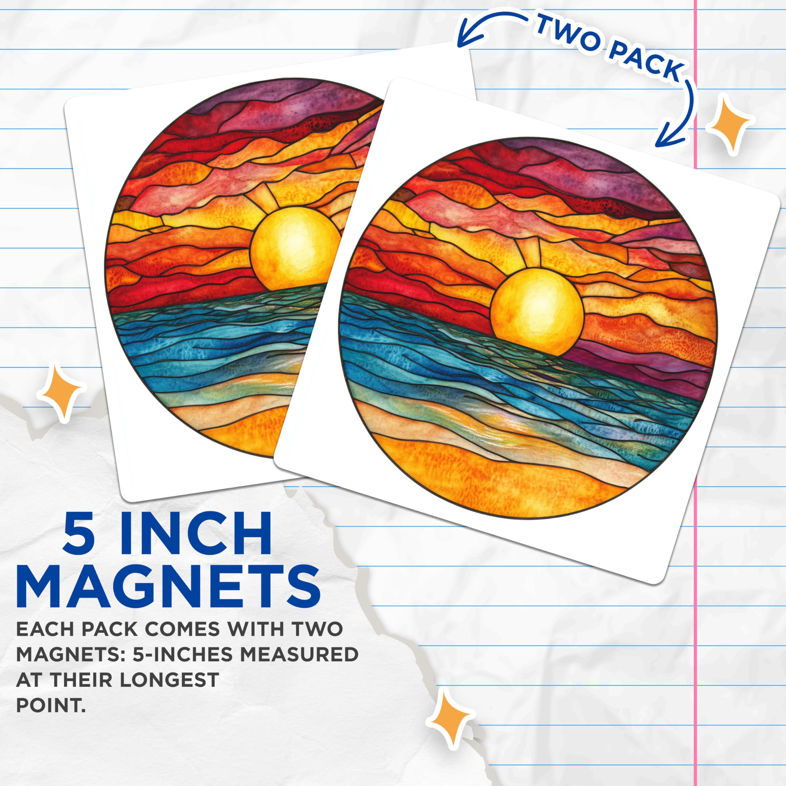 (2 Pack) Stained Glass Sunset Ocean Magnets - Coastal Decor Aesthetic - Vibrant Faux Sea Art - 5 Inches On Longest Side - Thick Durable Magnet - Made in USA - MAG27873