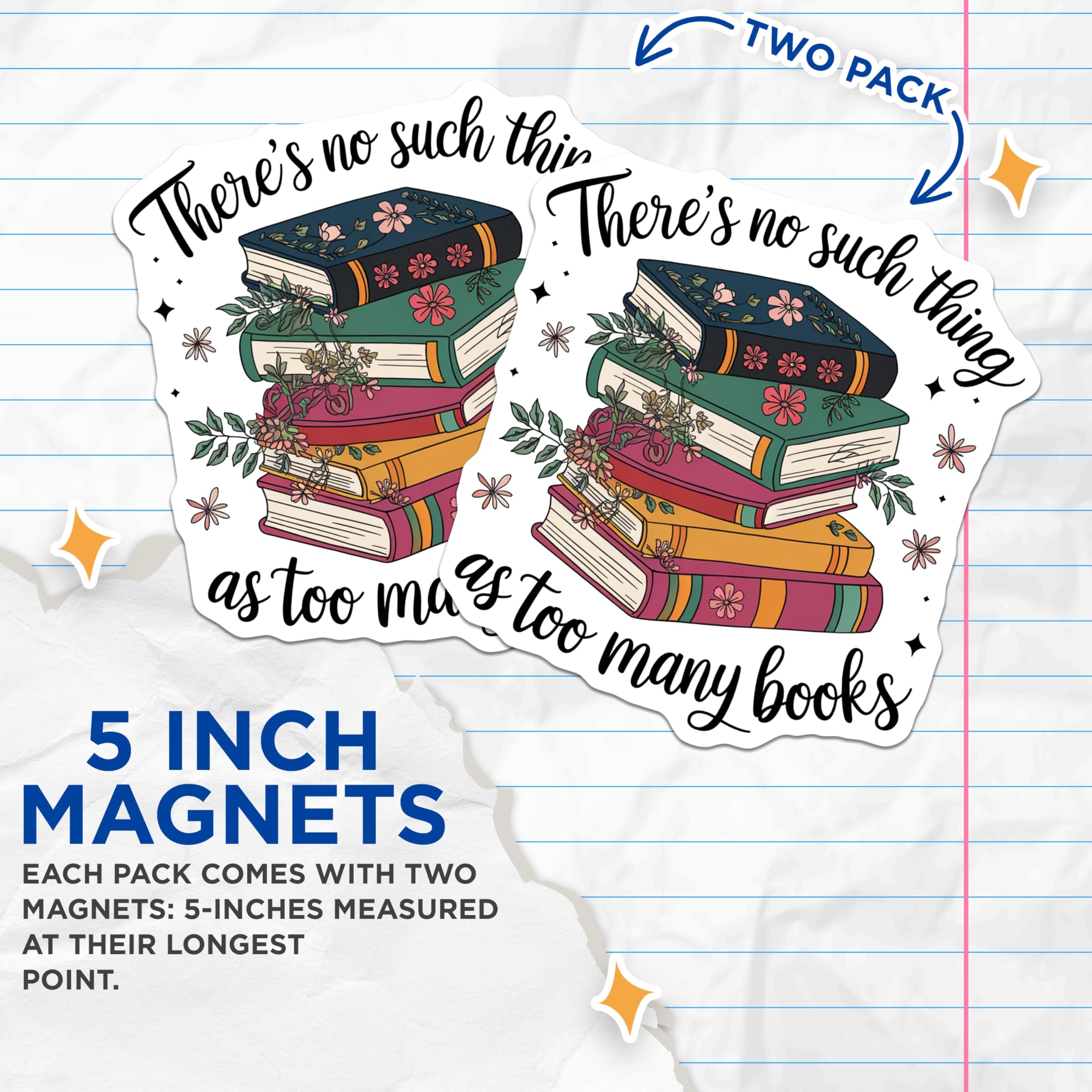(2 Pack) Book Stack Magnets - Too Many Books Quote - Literary Reader Decor - Bookish Fridge Accessory - 5 Inches On Longest Side - Thick Durable Magnet - Made in USA - MAG19759