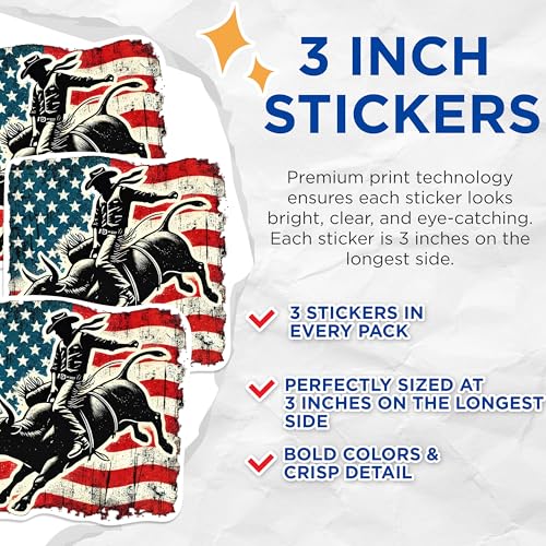 (3 Pack) Cowboy Bull Riding Decals - American Flag Art - Patriotic Rodeo Decal - 3 Inches On Longest Side - Easy Peel & Apply - Made in USA - 3MCS0945