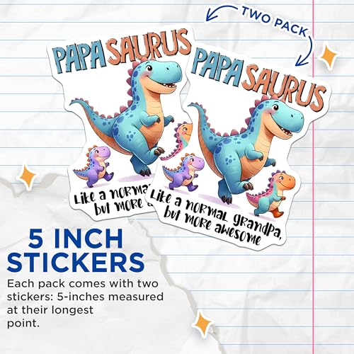 (2 Pack) Papasaurus Stickers - Dinosaur Grandpa - Cool Grandpa Pack - 5" On Longest Side - Sticks to Smooth Flat Surfaces - Made in USA - BMCS7473