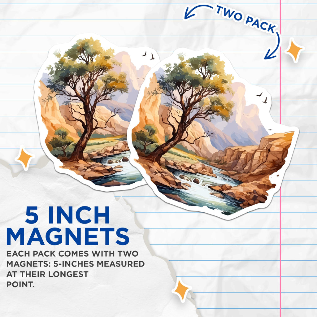 (2 Pack) Tranquil River Canyon Magnets - Majestic Mountain Landscape Art - Scenic Nature Vista Decor - 5 Inches On Longest Side - Thick Durable Magnet - Made in USA - MAG19971