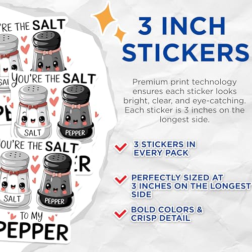 (3 Pack) Salt and Pepper Decals - Cute Foodie Decal - Romantic Decal - 3 Inches On Longest Side - Easy Peel & Apply - Made in USA - 3MCS4059