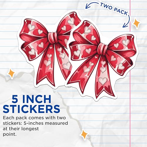 (2 Pack) Cute Red Bow Stickers - Heart Pattern Stickers - Romantic Love Themed Stickers - 5" On Longest Side - Sticks to Any Smooth Flat Surface - Made in USA - BMCS3552