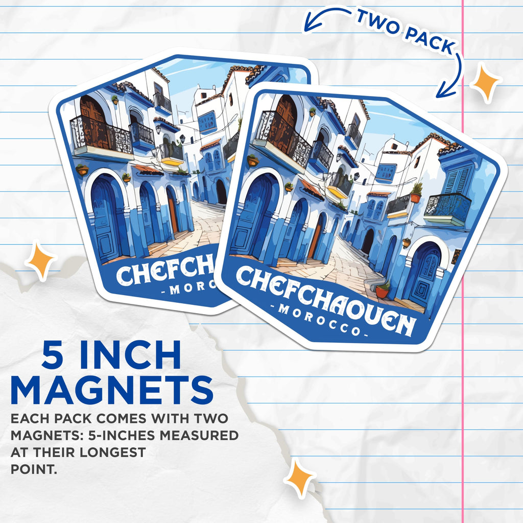 (2 Pack) Chefchaouen Blue City Magnets - Morocco Street Scene Decor - Moroccan Travel Souvenir Refrigerator Art Display - 5 Inches On Longest Side - Thick Durable Magnet - Made in USA - MAG19871