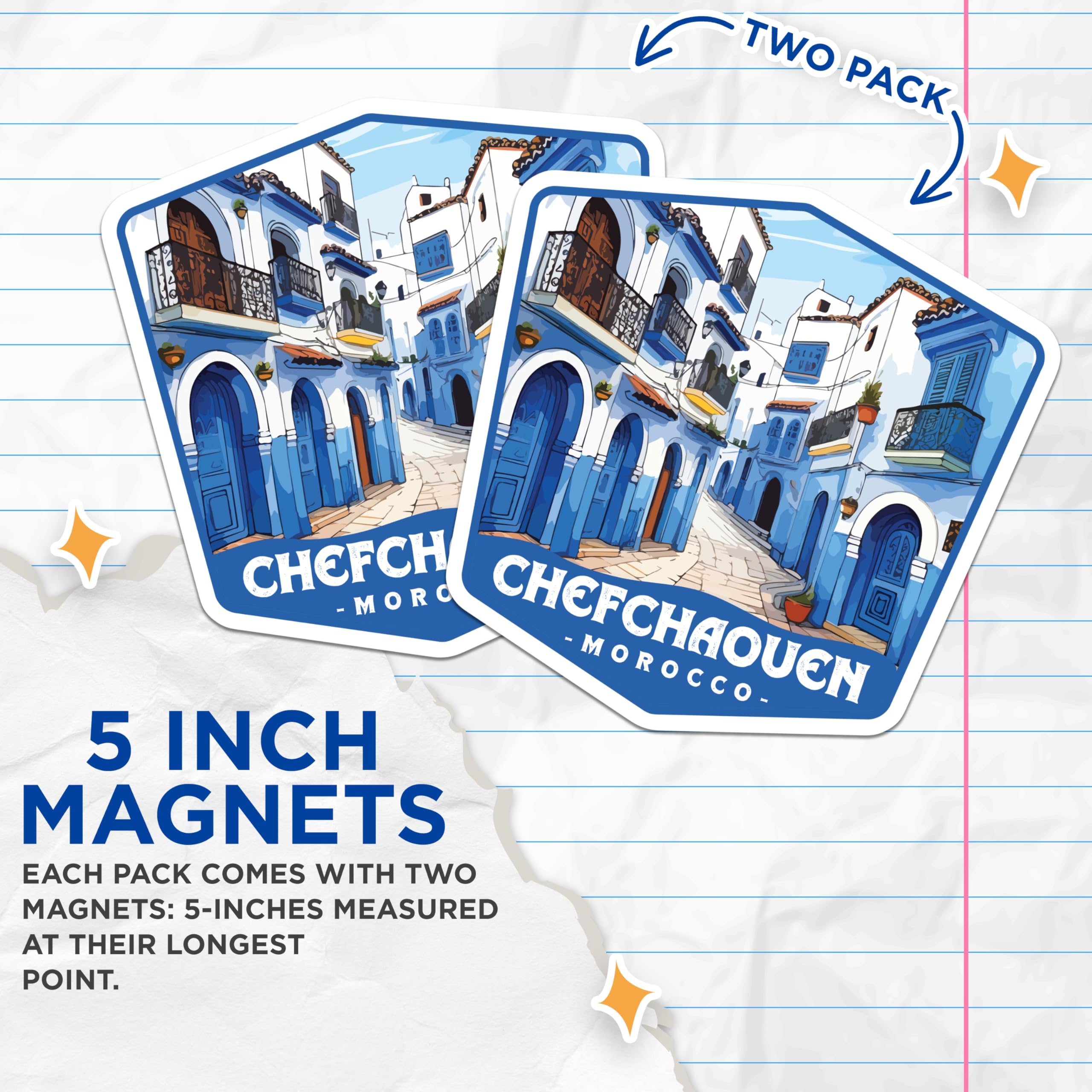(2 Pack) Chefchaouen Blue City Magnets - Morocco Street Scene Decor - Moroccan Travel Souvenir Refrigerator Art Display - 5 Inches On Longest Side - Thick Durable Magnet - Made in USA - MAG19871