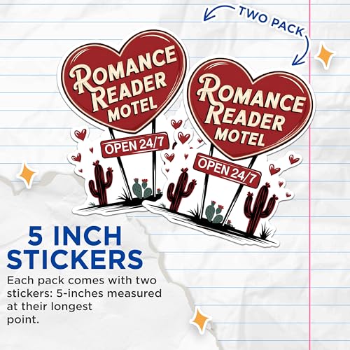 (2 Pack) Romance Reader Motel Stickers - Open 24/7 Stickers - Heart Shaped Motel Sign Stickers - 5" On Longest Side - Sticks to Any Smooth Flat Surface - Made in USA - BMCS3032