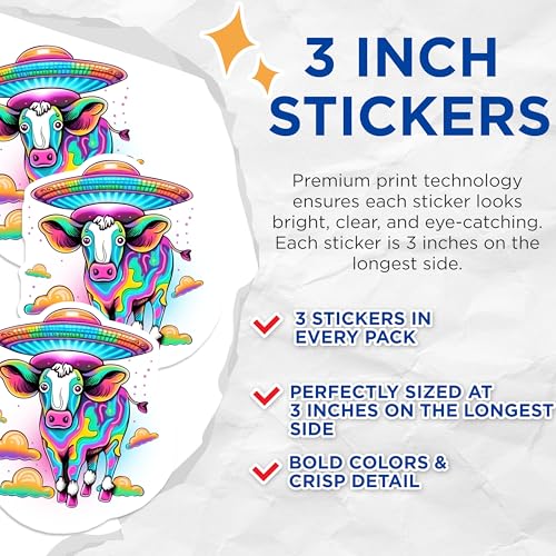 (3 Pack) Alien Cow Decals - UFO Rainbow - Funny Laptop Decals - 3 Inches On Longest Side - Easy Peel & Apply - Made in USA - 3MCS6530