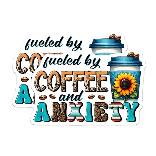 (2 Pack) Fueled by Coffee and Anxiety Stickers - Funny Coffee Lover - Humorous Inspirational - 5" On Longest Side - Sticks to Smooth Flat Surfaces - Made in USA - BMCS7534