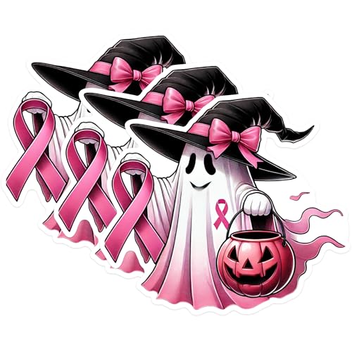 (3 Pack) Pink Ghost Decals - Breast Cancer Awareness - Halloween Decals - 3 Inches On Longest Side - Easy Peel & Apply - Made in USA - 3MCS1354