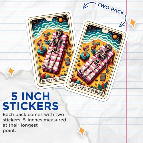 (2 Pack) Beach Skeleton Stickers - Summer Vacation Stickers - Funny Beach Vibes Stickers - 5" On Longest Side - Sticks to Smooth Flat Surfaces - Made in USA - BMCS4768