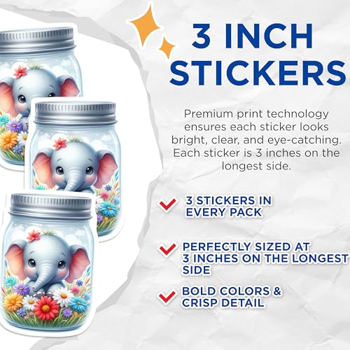 (3 Pack) Elephant in Jar Decals - Cute Animal Art - Floral Design - 3 Inches On Longest Side - Easy Peel & Apply - Made in USA - 3MCS8115