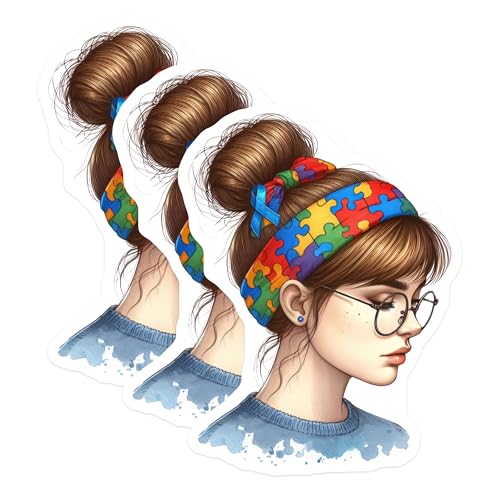 (3 Pack) Autism Awareness Decals - Puzzle Ribbon - Girl with Headband Decals- 3 Inches On Longest Side - Easy Peel & Apply - Made in USA - 3MCS5334