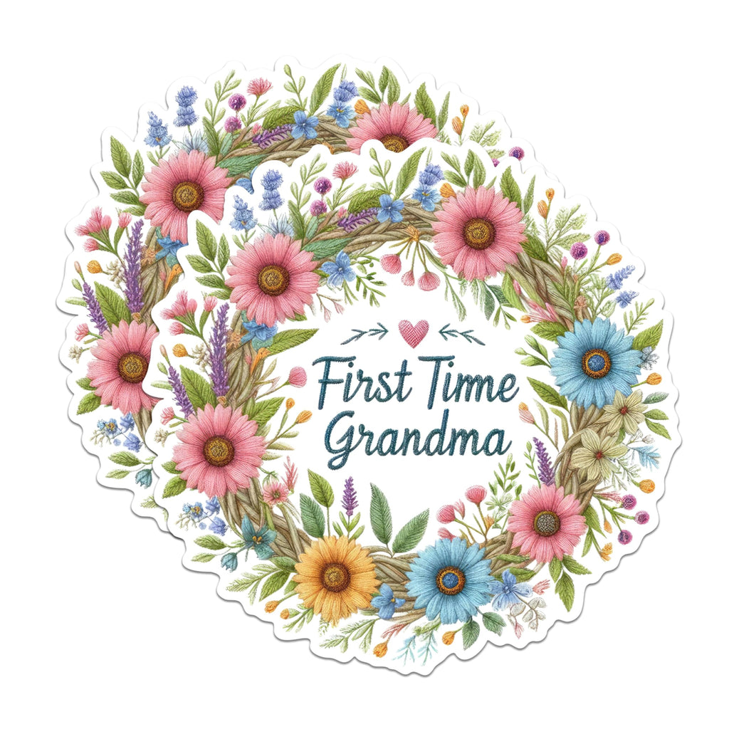 (2 Pack) First Time Grandma Stickers - Floral Grandma Stickers - Beautiful Grandmother Flower Stickers - 5" On Longest Side - Sticks to Any Smooth Flat Surface - Made in USA - BMCS2907