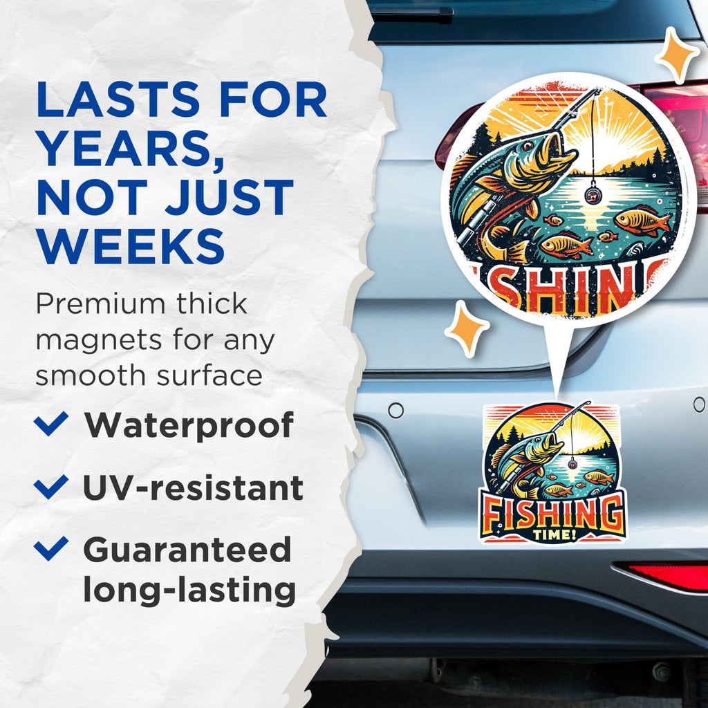(2 Pack) Fishing Time Magnets - Fishing Enthusiast Magnets - Outdoor Adventure Magnets- 5" On Longest Side - for Fridges, Toolboxes, Cars - Made in USA - MAG2616