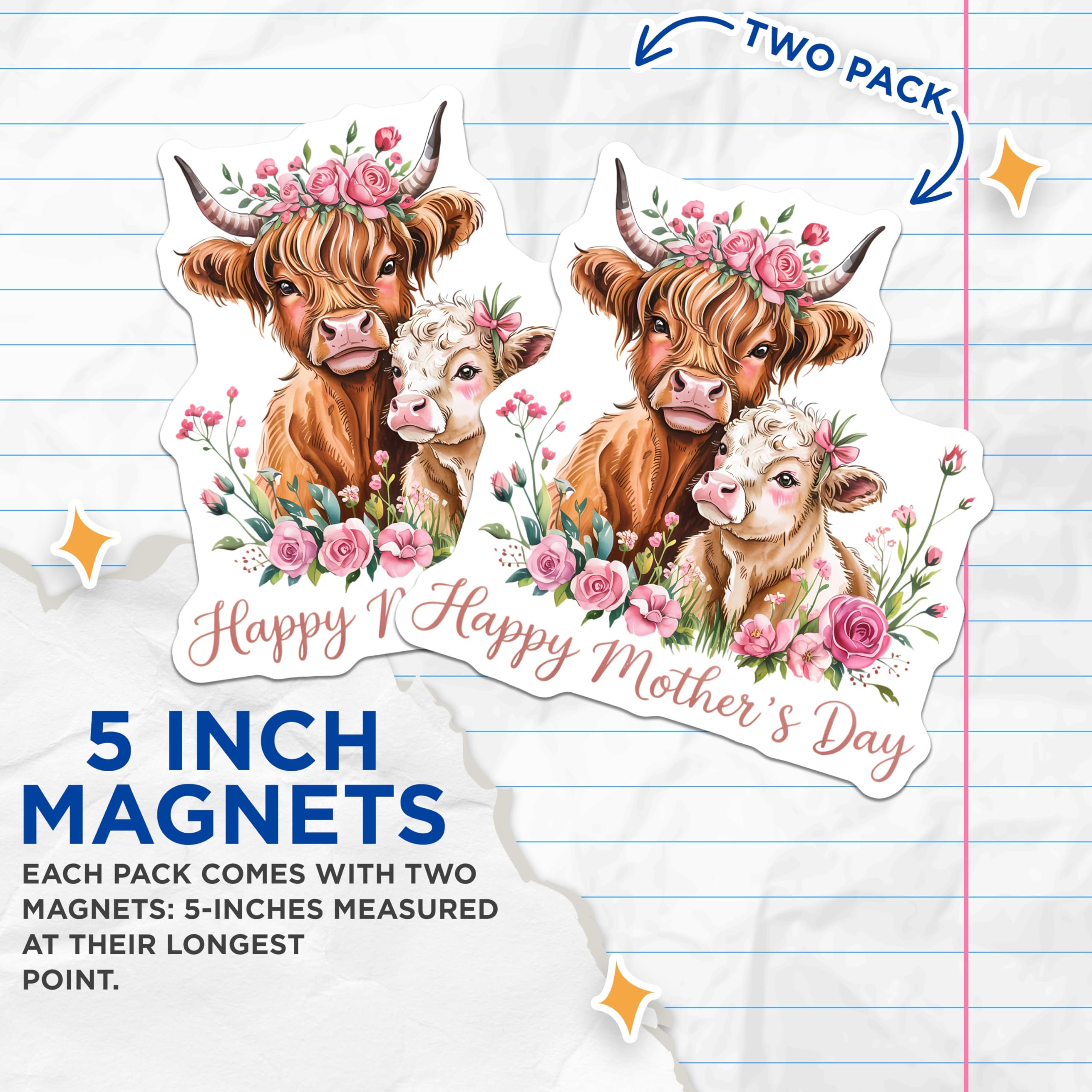 (2 Pack) Happy Mothers Day Magnets - Highland Cow Decor - Mama Calf Floral Farmhouse - 5 Inches On Longest Side - Thick Durable Magnet - Made in USA - MAG22192