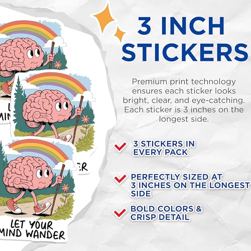 (3 Pack) Let Your Mind Wander Decals - Brain Hiking - Rainbow Laptop Decals - 3 Inches On Longest Side - Easy Peel & Apply - Made in USA - 3MCS6390