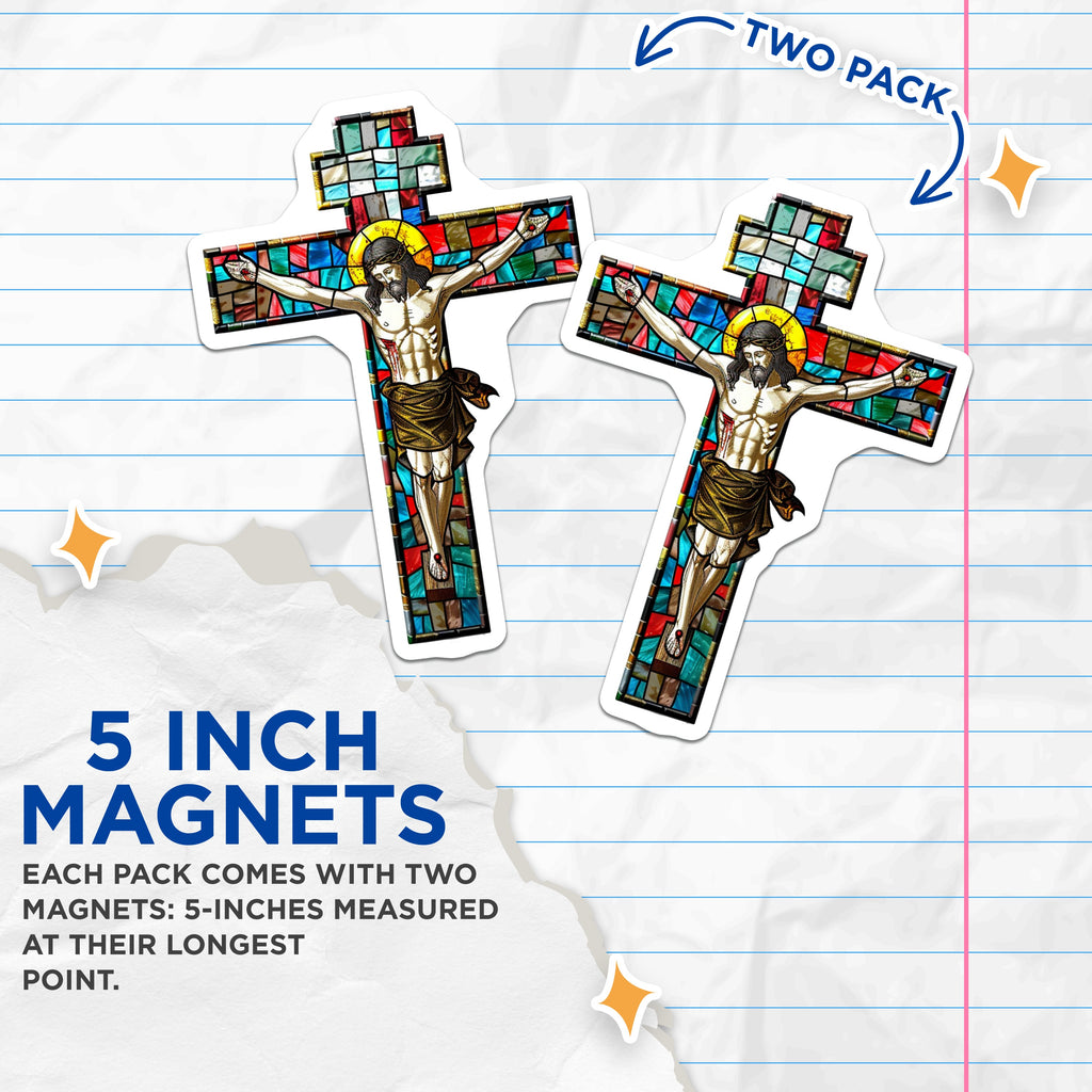 (2 Pack) Stained Glass Cross Magnets - Jesus Christ Refrigerator Magnets - Christian Home Decor - 5 Inches On Longest Side - Thick Durable Magnet - Made in USA - MAG37237