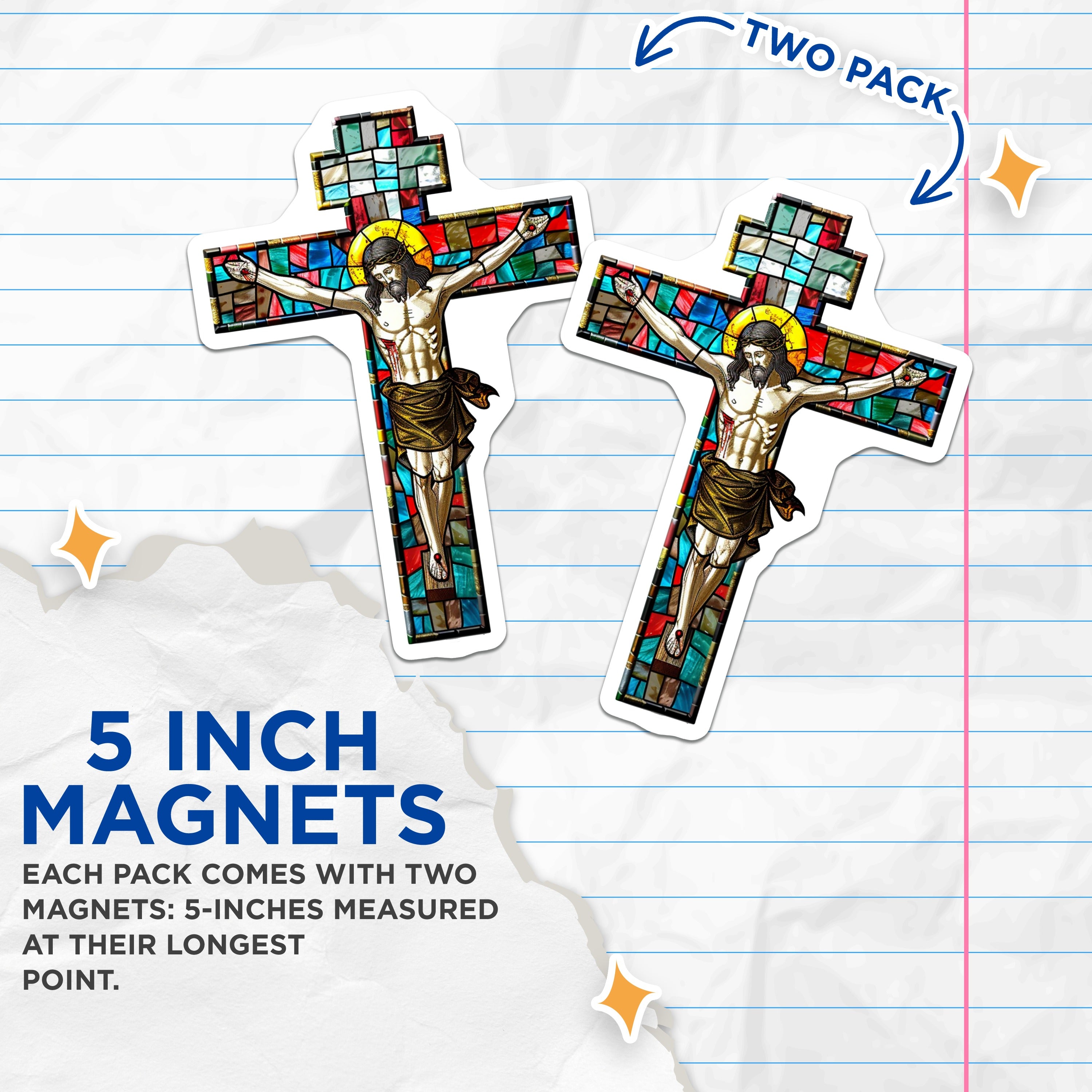 (2 Pack) Stained Glass Cross Magnets - Jesus Christ Refrigerator Magnets - Christian Home Decor - 5 Inches On Longest Side - Thick Durable Magnet - Made in USA - MAG37237