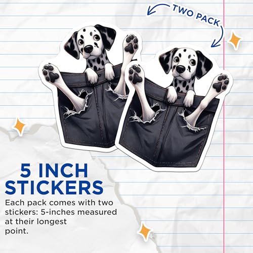 (2 Pack) Cute Dalmatian Dog Stickers - Pocket Dog Lover Stickers - Animal Dog Decals for Laptop - 5" On Longest Side - Sticks to Smooth Flat Surfaces - Made in USA - BMCS3976