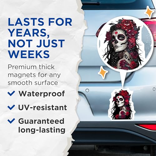 (2 Pack) Day of The Dead Skull Magnets Magnets - 5" On Longest Side - Made in USA - Sticks to Refrigerators & Metal Surfaces - MAG9204