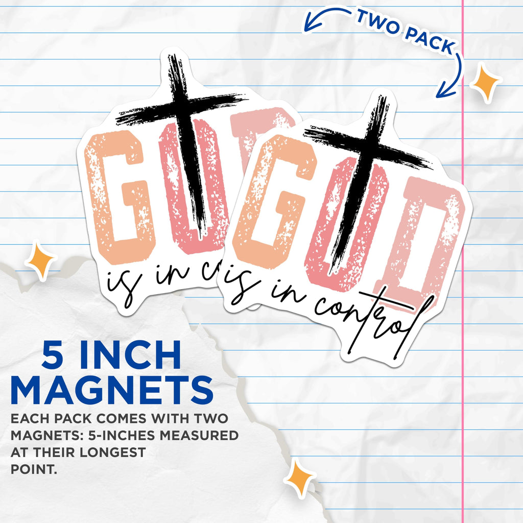 (2 Pack) God is in Control Magnets - Christian Faith Decor - Uplifting Scripture Refrigerator Reminder Magnets - 5 Inches On Longest Side - Thick Durable Magnet - Made in USA - MAG28809