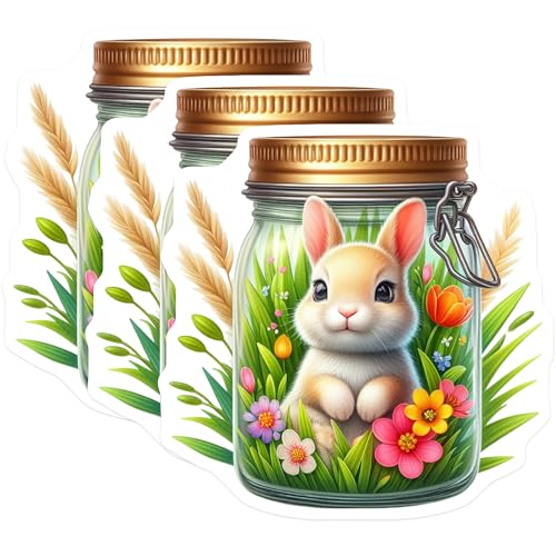 (3 Pack) Bunny Jar Decals - Cute Rabbit Stickers - Laptop Decal - Floral Spring Decor - 3 Inches On Longest Side - Easy Peel & Apply - Made in USA - 3MCS8125