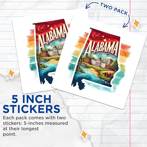 (2 Pack) Alabama State Stickers - Retro Travel Stickers - Scenic Alabama Decal - 5" On Longest Side - Sticks to Smooth Flat Surfaces - Made in USA - BMCS4746
