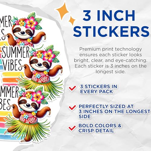 (3 Pack) Summer Vibes Sloth Decals - Hula Dancing Animal - Laptop Decal - 3 Inches On Longest Side - Easy Peel & Apply - Made in USA - 3MCS1556