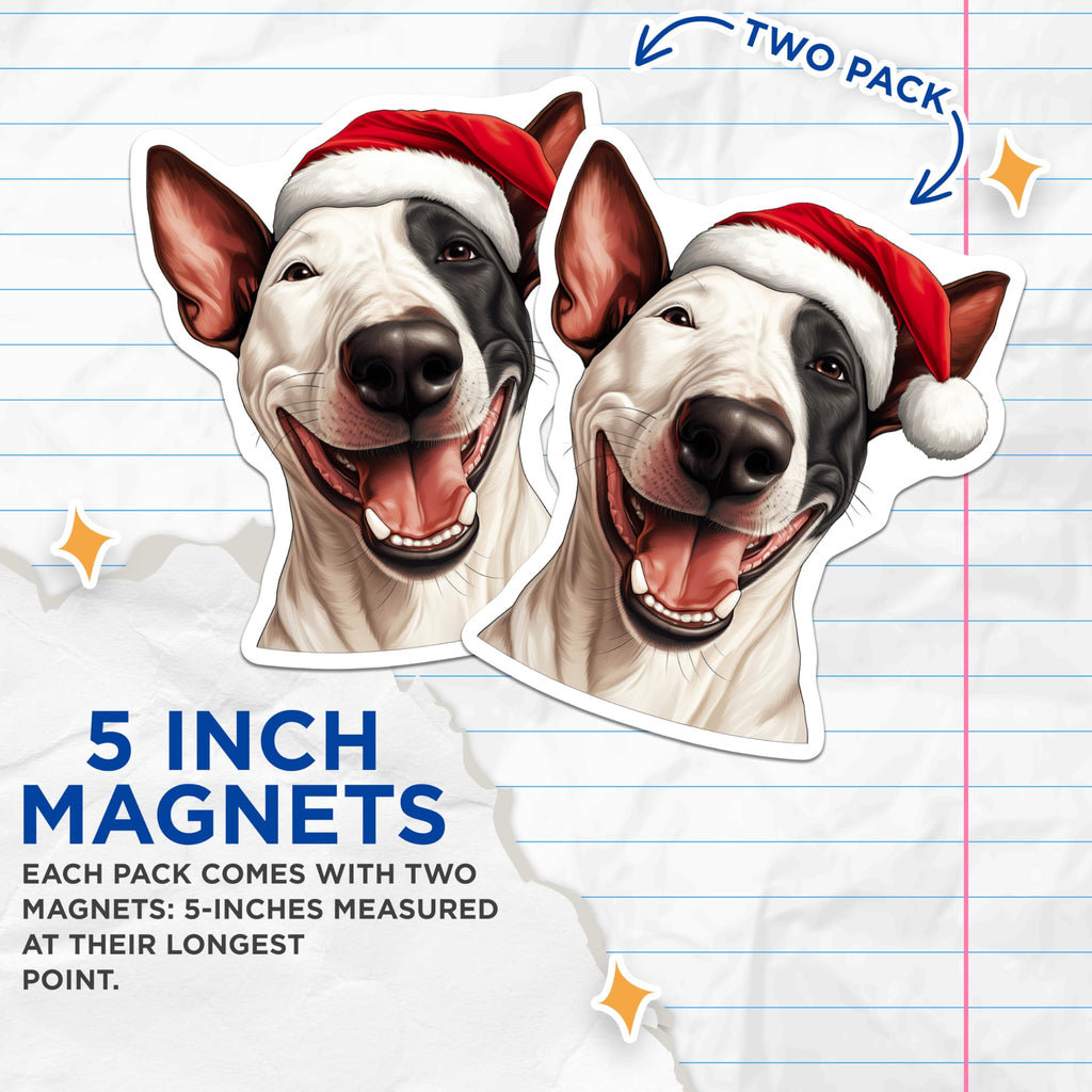(2 Pack) Bull Terrier Christmas Magnets - Festive Santa Dog - Holiday Fridge Decor - Dog Lover Locker Magnets - 5 Inches On Longest Side - Thick Durable Magnet - Made in USA - MAG29843