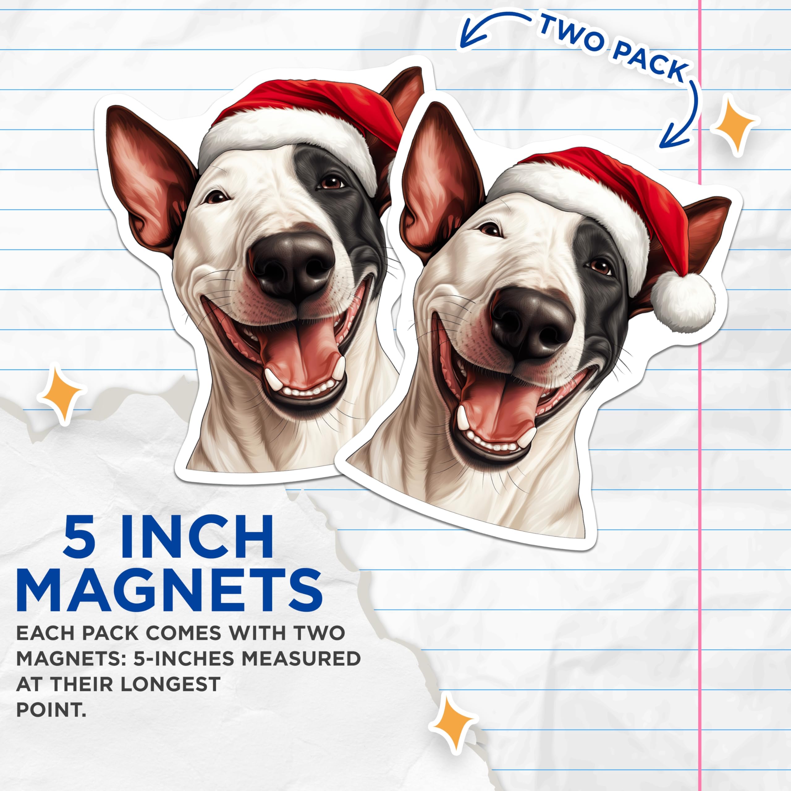 (2 Pack) Bull Terrier Christmas Magnets - Festive Santa Dog - Holiday Fridge Decor - Dog Lover Locker Magnets - 5 Inches On Longest Side - Thick Durable Magnet - Made in USA - MAG29843