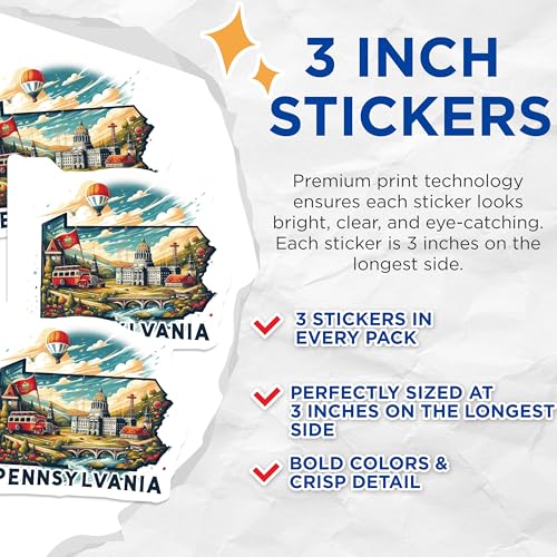 (3 Pack) Pennsylvania Decals - State Pride - Laptop Decals - 3 Inches On Longest Side - Easy Peel & Apply - Made in USA - 3MCS4020